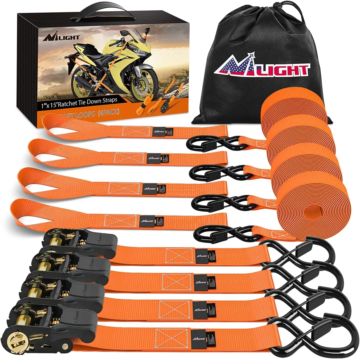 Nilight Heavy-Duty Ratchet Tie Down Straps (4+4 Orange Pieces) - 4500Lbs Max Break Strength Polyester Fiber, 1"×15' S Hooks, Rubber Coated Handle, 1"×12' Soft Loops, Safety Clips, 800Lbs Capacity, for Dirt Bikes, Kayak Cargo Securing