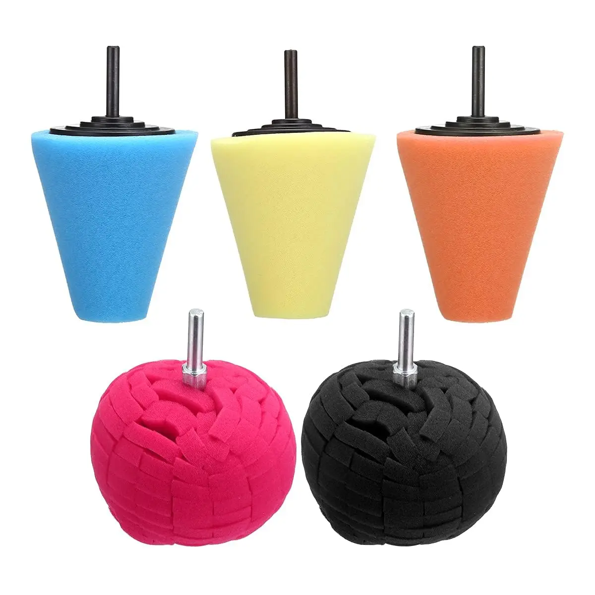 5 count  Wheel Hub Drill Buffing Sponge Pads Kit,3 Inch Shank Polishing Pads for Wheel Hub Cleaning, Auto Cone Metal Polish Buffing Polishing Ball,Drill Buffer Polisher Attachment
