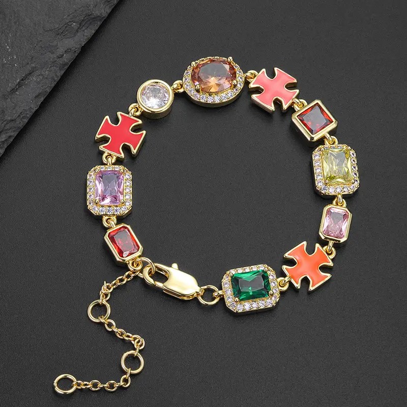 ICED CHICS Cross-Drip Oil Colored Cubic Zirconia Copper Chain Bracelet, Geometric Cube Design Hip-hop Style Bracelet, Birthday Gift for Party and Special Occasions, Adds Elegance and Sophistication, Unisex Design, Bracelet Jewelry, Fashion Bracelet