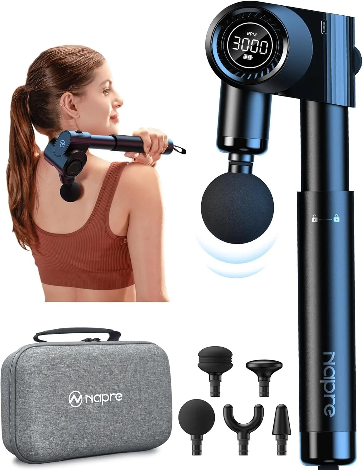 NAPRE Foldable Massage Gun with Long Extension Handle, Deep Tissue Percussion Massager with 5 Adjustable Angles, 32-Speed Quiet Brushless Motor for Pain Relief, Brush, Relaxing