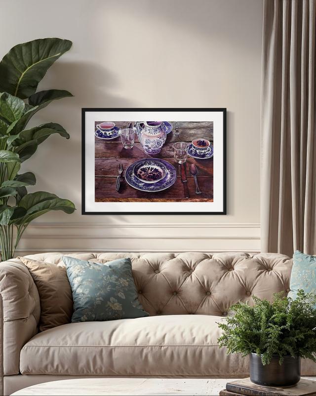 The Table Is Set Watercolor Painting - Framed Artwork Featuring a Wooden Table with Blue and White Dishes and Utensils