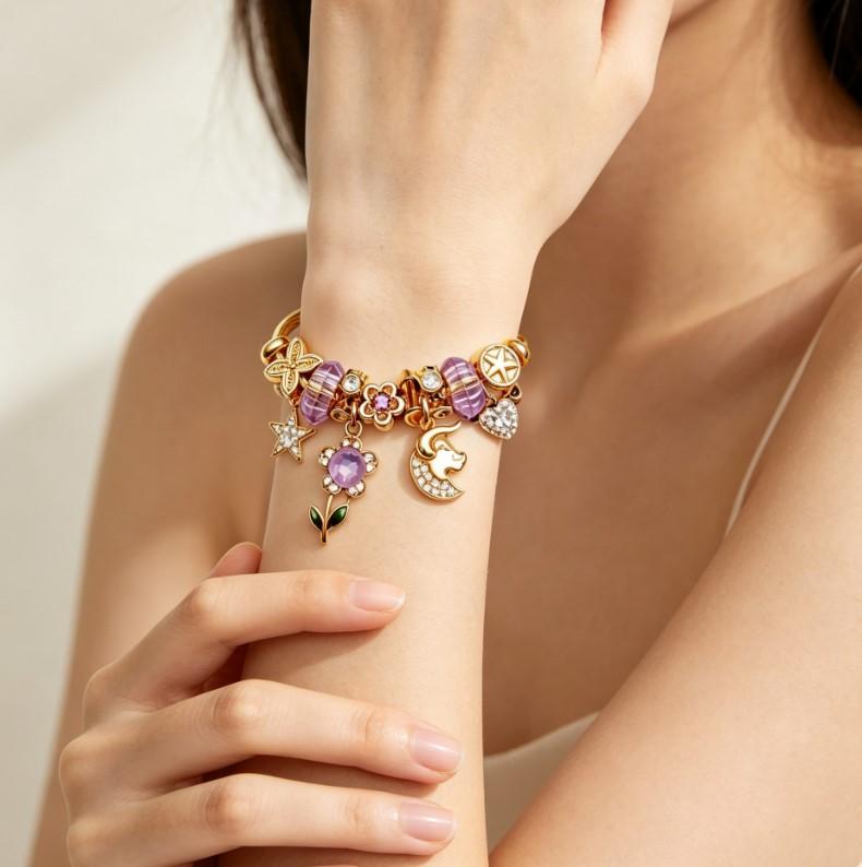 Purple Crystal Gold Charm Bangle, Adjustable Wire Bracelet with Star Floral Bull Moon Winged Heart Pendants, Jewelry Gift for Women