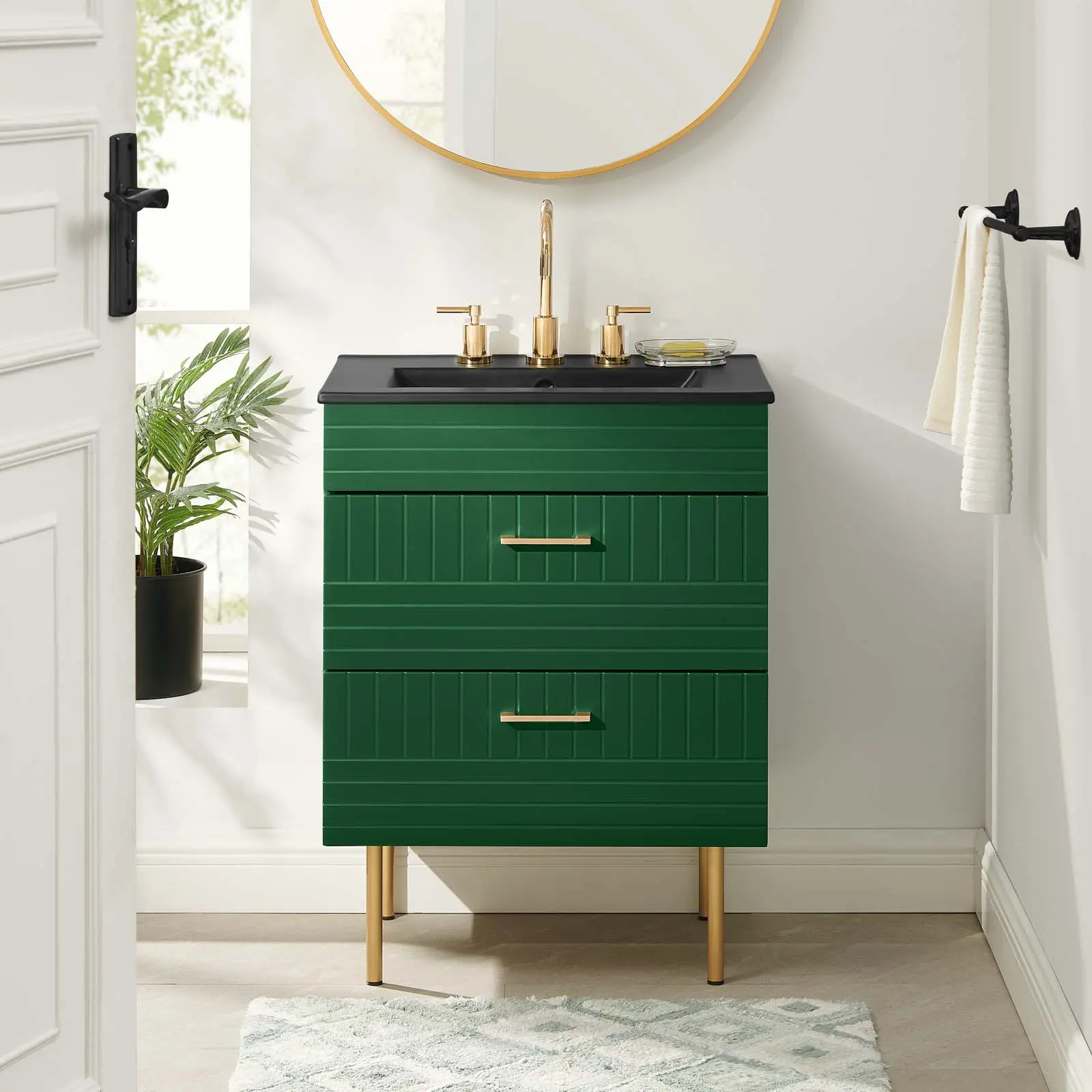Modway Daybreak 24" Green-Black Modern Rubberwood Bathroom Vanity - Storage Organization, Contemporary Home Decor, Plumbing Prep Home Improvement Cabinet Organizer for Fixture Sets