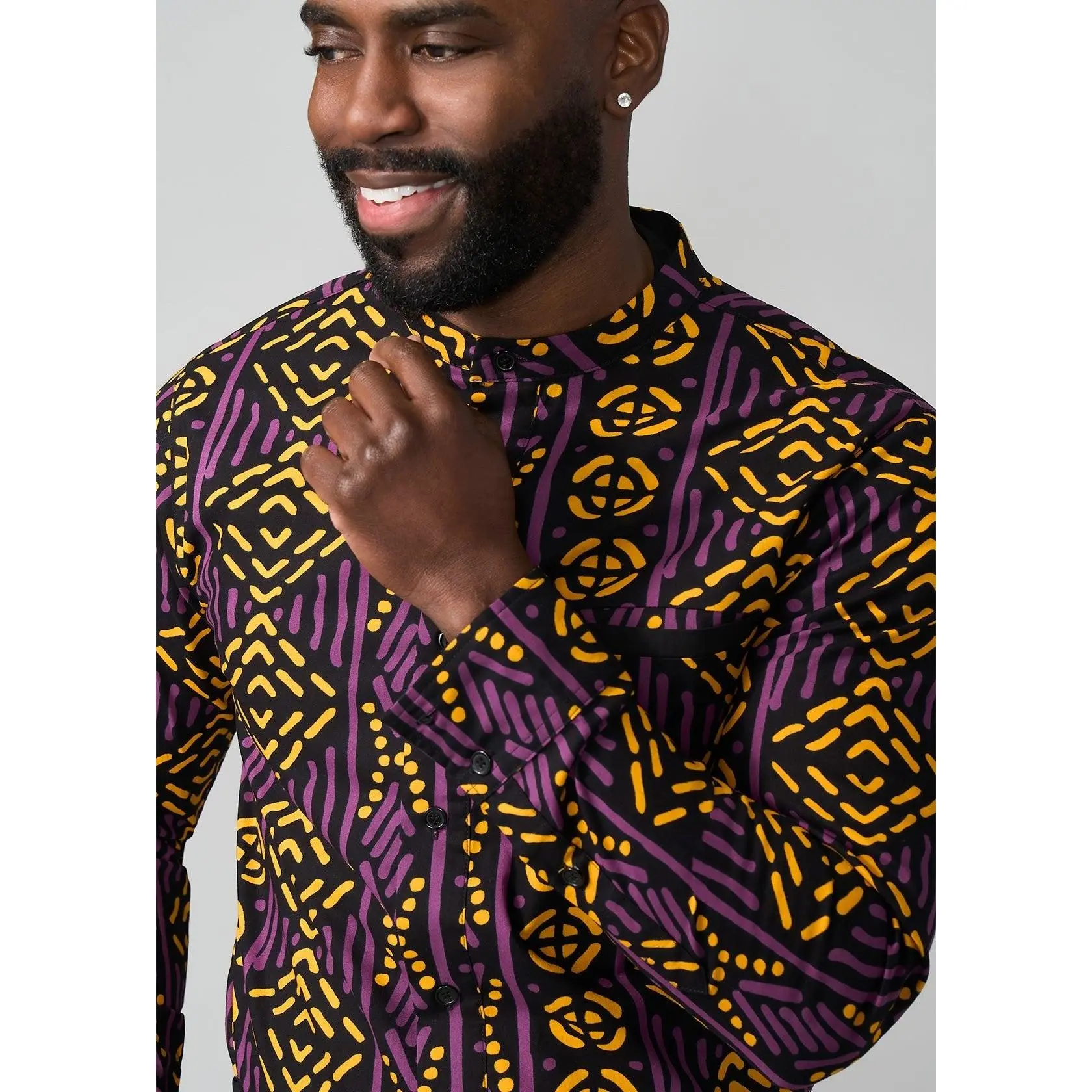 Jamal Men's African Print Mandarin Shirt (Gold Purple Mudcloth)