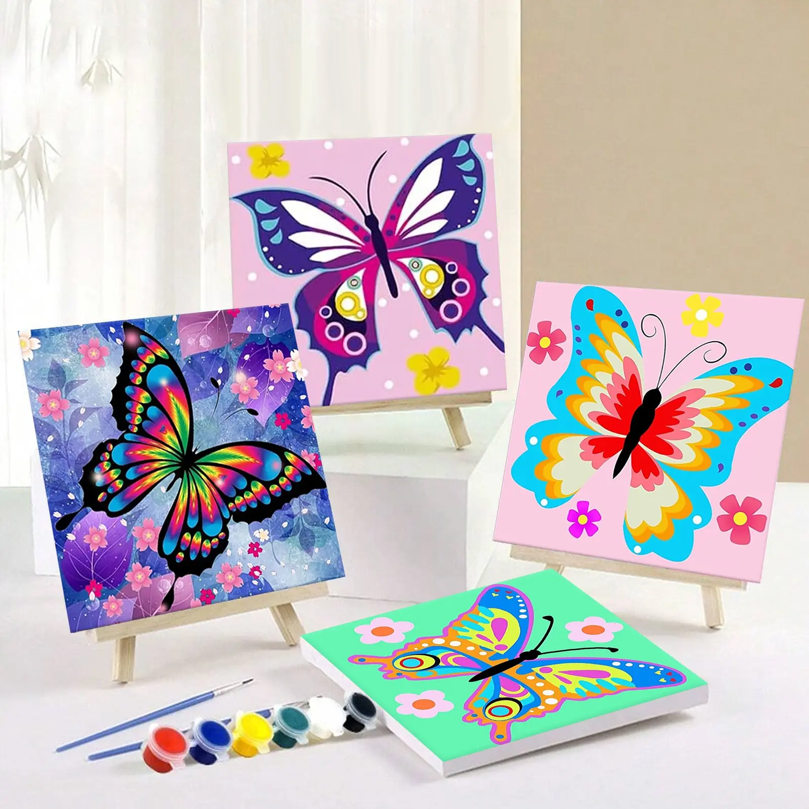 4pcs Paint By Numbers Kit for Adults Beginners - 8x8in/20x20cm Color Canvas, Easy DIY Butterfly Acrylic Painting Set - Wall Decor for Home, Gift for Birthday, Christmas, Without Frame, Art Set, Art Supplies, Arts Crafts Supplies, Art Kits