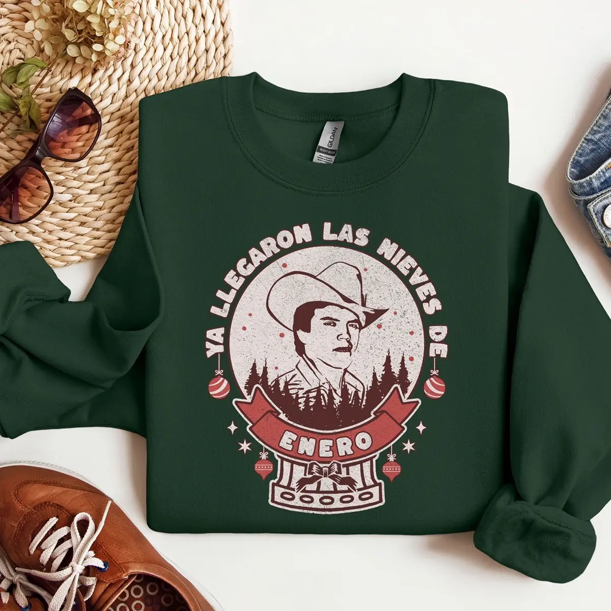 Chalino Sanchez Christmas Crewneck Sweater|   Nieves de Enero Ugly Sweater | Navidad Latina | Western Christmas Sweater