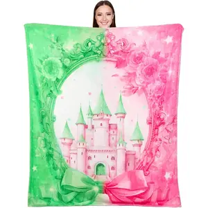 Vintage Pink and Green Flannel Witch Throw Blanket - Breathable, Soft, Modern Design with Musical Witch, Princess Castle, Bow Prints - Ideal for Movie Night, BFF Gifts