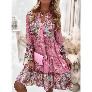 Women’s vintage smock dress with ditsy floral patchwork and tiered layers, boho flounce-sleeve short dress for everyday wear, ladies’ dress suitable for spring and fall outfits for women in their mid-twenties.