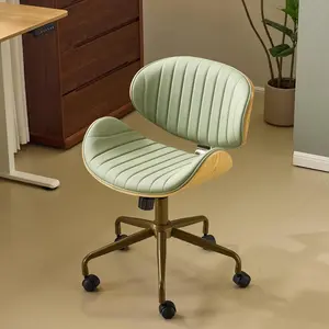 VINGLI Wide Comfotable Swivel Home Office Chair with Wood-Grain Curved Shell,Ergomomic Mid-Back Padded Armless Rolling Desk Chair with Wheels,Height Adjustable for Computer,Task,Work,PU Leather,Green