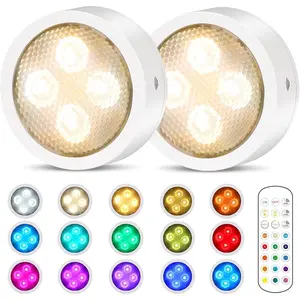 Puck Lights with Remote Control Battery Operated Wireless LED Under Cabinet Lighting, Stick on Light Push Lights, Color Changing Under Counter Lights for Kitchen, Shelf, 2 Pack - Black