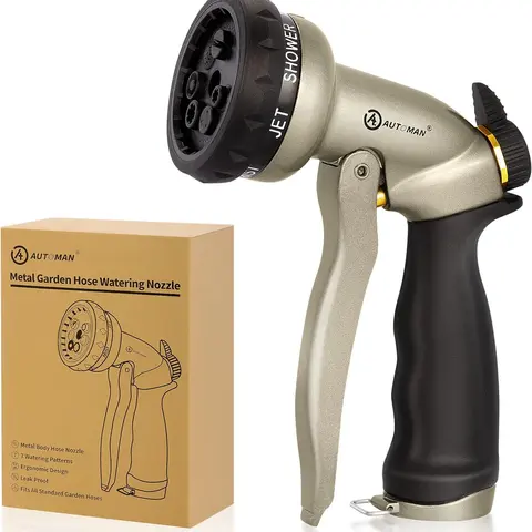 AUTOMAN 7-Pattern Metal High Pressure Garden Hose Nozzle - Adjustable Nozzle, Ergonomic Long Lever Handle, Heavy Duty, Multi-Purpose for Home, House Watering, Cleaning