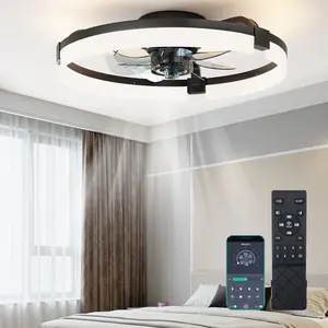 Smart Ceiling Fan with Lights, 3000K-6500K Dimmable LED Fandelier, Low Profile Flush Mount Bladeless Fan, Black Modern Design with Remote for Bedroom & Living Room