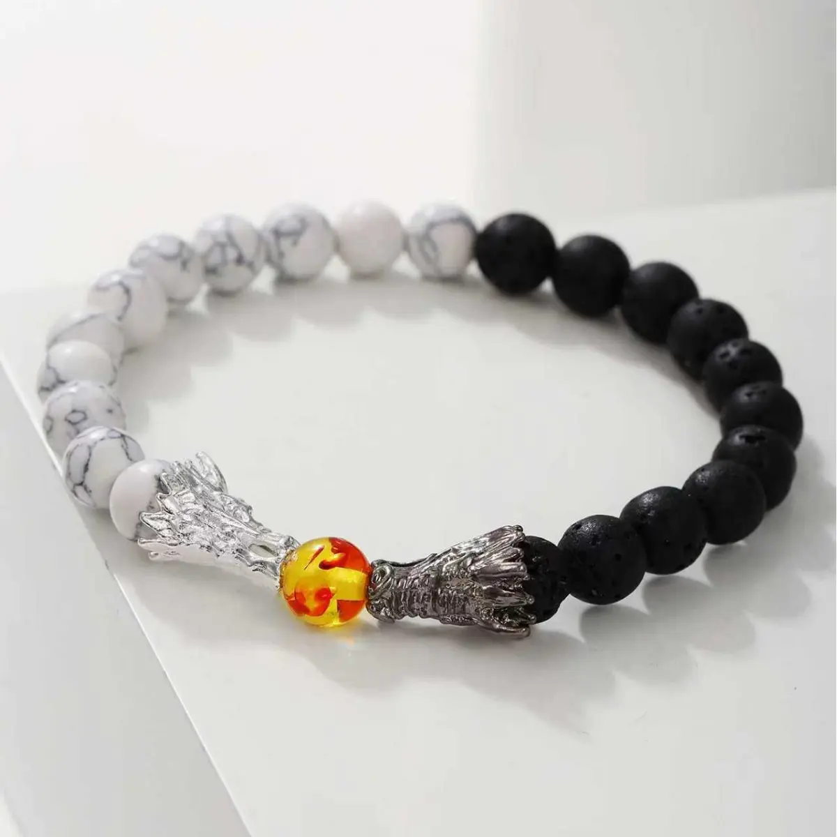 Men's Vintage Dragon Head Volcanic Lava & White Howlite Bracelet, Handwoven Braided Spiritual Stone Wrist Jewelry, Rugged Masculine Beaded Bracelet Gift for Daily Casual Outdoor Wear