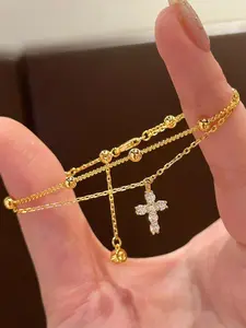Vintage Dual Layer Chain Zircon Cross Pendant Bracelet, Stackable Bracelets, Elegant Simple Design, Women's Daily Wear Party Accessory