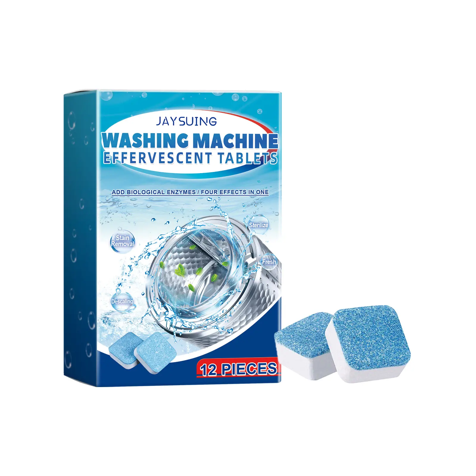 Jaysuing Lemon Extract Scented Household Cleaner Effervescent Washing Machine Tablets - 12-Pcs Box, Limescale & Odor Remover, Contains Lemon Extract, Helps Reduce Dirt, For Front Load, Top Load Washers