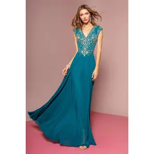 V-Neck Chiffon Floor Length Dress with Jewel Embellished Bodice