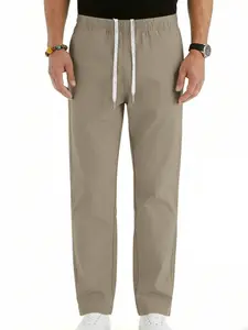 Men's Dark Color Drawstring Casual Long Pants, Loose Straight Fit Breathable Polyester Versatile Pants, Mid Waist Asymmetrical Design Casual Comfy Pants
