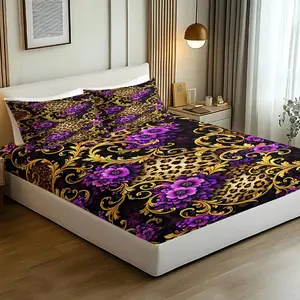 3pcs 100% Polyester / Luxury Baroque & Leopard Print Fitted Sheet Set / Elegant Purple Floral Design / Soft Breathable Microfiber / Polyester Bedding / Machine Washable Bed Set / One Bed Sheet + Two Pillowcases [Do Not Contain Fillings]