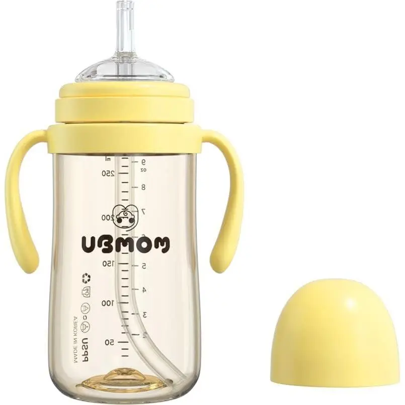 PPSU Plastic Banana Sippy Cup with Straw, Handle Grip - Backflow Stopper, No-Spill, BPA-Safe 9.47oz Learner Cup for Babies (9.0 fl. oz. & above), Unisex Baby