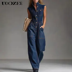 UOOZEE Women's Denim Jumpsuit - Casual Spring Summer Sleeveless Collared Baseball-Style Top Overalls, High Waisted Wide Leg, Button Front, Bag-Friendly Functional Pockets, Vintage Dark Wash Jacket-Compatible Utility Workwear (Size Up for C-Cup+),summervib