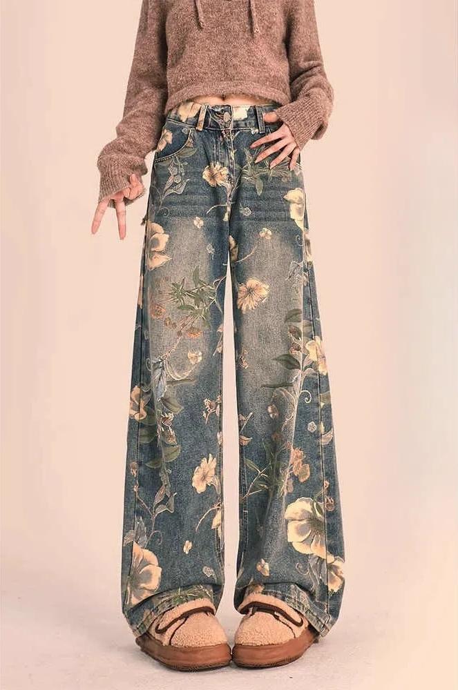 Unisex Floral Print Wide-Leg Jeans - Mid-Rise, Straight-Leg, Slim Fit, Floor-Length Denim Pants with Details, Machine Washable - Blue Floral Design for Men & Women, All season Jeans | Floral Denim Pants | Machine Washable Pants Casual Menswear