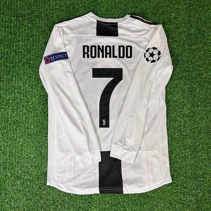 CR7 Retro Long Sleeve Jersey #7 - 2018-2019 White/Black, All Size S-5XL, Breathable Game Day Sports Shirt, Short Sleeve, Quick-Dry Football Shirt, CR7 Fans Jersey
