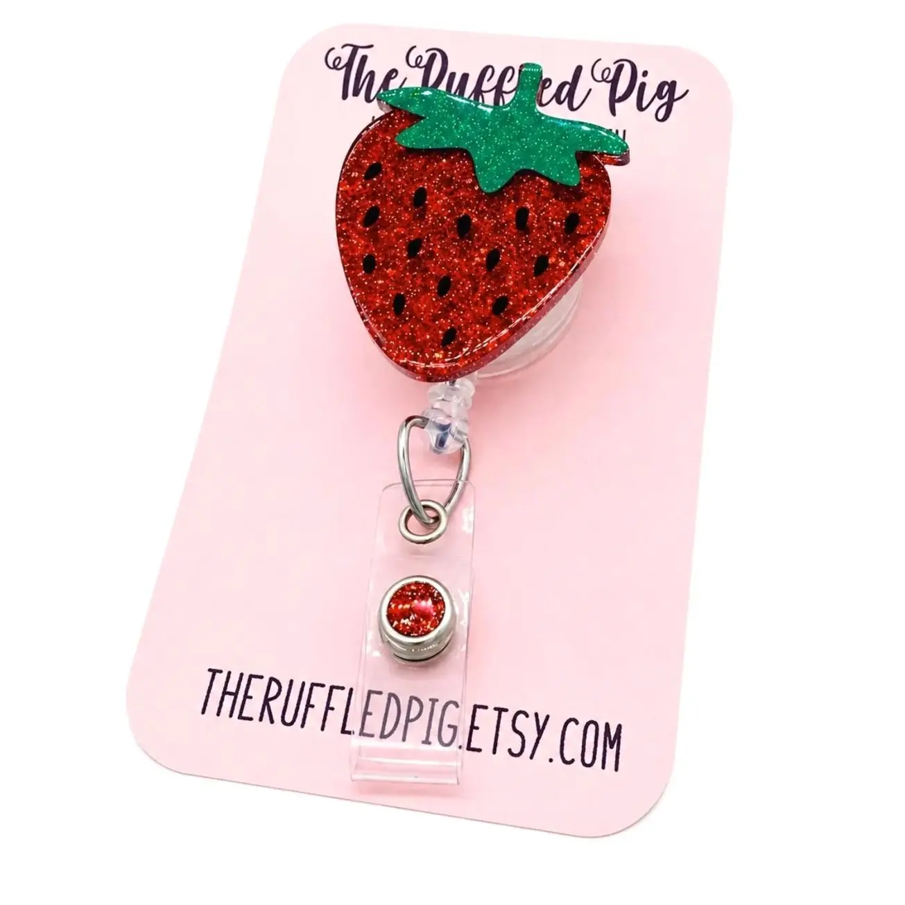 Strawberry Badge Reel: Lanyard - clip - Carabiner - Glitter interchangeable topper - RN ID Holder, Nurse Key Card, teacher lanyard