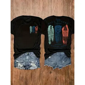 Surfboard Graphic Tee Vintage Surf Rider Print Oversized Boyfriend Fit Soft Cotton Crewneck Short Sleeve Summer Beach Vacation Casual Streetwear Top