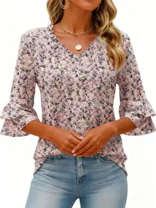 Women's V Neck Ruffle 3/4 Length Sleeve Dressy Shirts Casual Loose Tunic Tops Summer Blouses