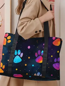 Colorful Dog Paw Print Tote Bag, Fashionable Patterned Bag, Large Capacity Travel Bag, Portable Overnight Bag, Fashion Travel Bag, Yoga Training, Portable Crossbody Bag with Shoe Storage, Fashionable Tote Bag