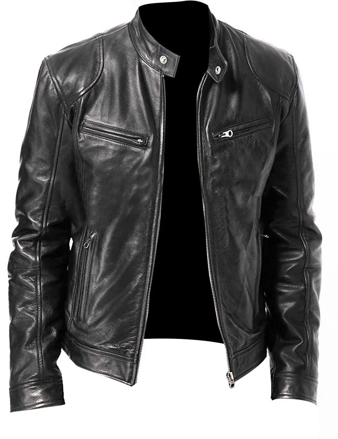 Men's Café Racer Retro Biker Jacket Black Biker Motorcycle Jacket Soft Sheepskin Real Leather Jacket