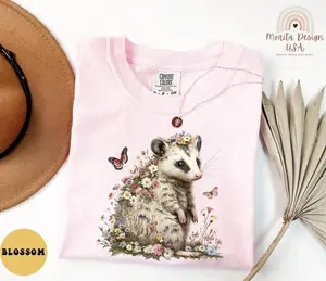 Comfort Colors Cute Possum T-Shirt – Rustic Floral Animal Design, Floral Opossum Shirt – Cottagecore Forest Creature Tee, Cottagecore Opossum Tee.