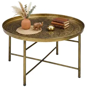 Coffee Table for Living Room – 24" Round Center Table with Hammered Tray Top and Metal Frame, Handmade Brushed Metallic Finish, Floral Pattern, Reinforced Crossbars, Adjustable Foot Pads, 110 lbs Capacity, for Bedroom, Gold