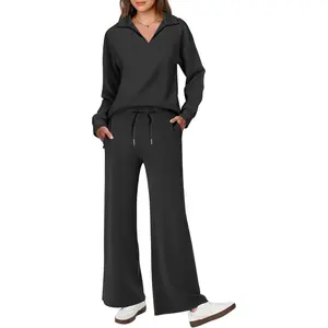 Women's 2 Piece Outfits Lounge Sets Casual Long Sleeve Sweatsuits Polo Top Wide Leg Pants Fall Sweat Matching Sets Clothes Womenswear