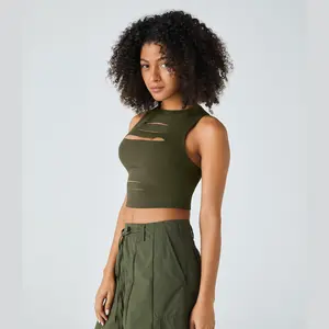 Halara Women's Backless Racerback Cut-Out Ripped Cropped Casual Tank Top, Sports & Outdoor Activewear