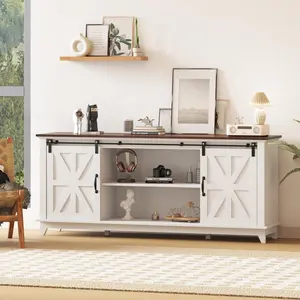Modern Farmhouse TV Stand for 75 Inch TV - 66 Inch Entertainment Center Console Table with Sliding Barn Doors, Storage Cabinets - Living Room Media Furniture, Rustic White with Brown Top