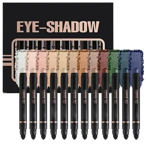 12PCS Dual-Ended Eyeshadow Pencil with Brush, Metallic Cream Shadow Stick Waterproof Long-Wear Soft Creamy Matte Shimmer Eye Shadow Pencil Sticks Set Eye Makeup for Daily Wear Date Party