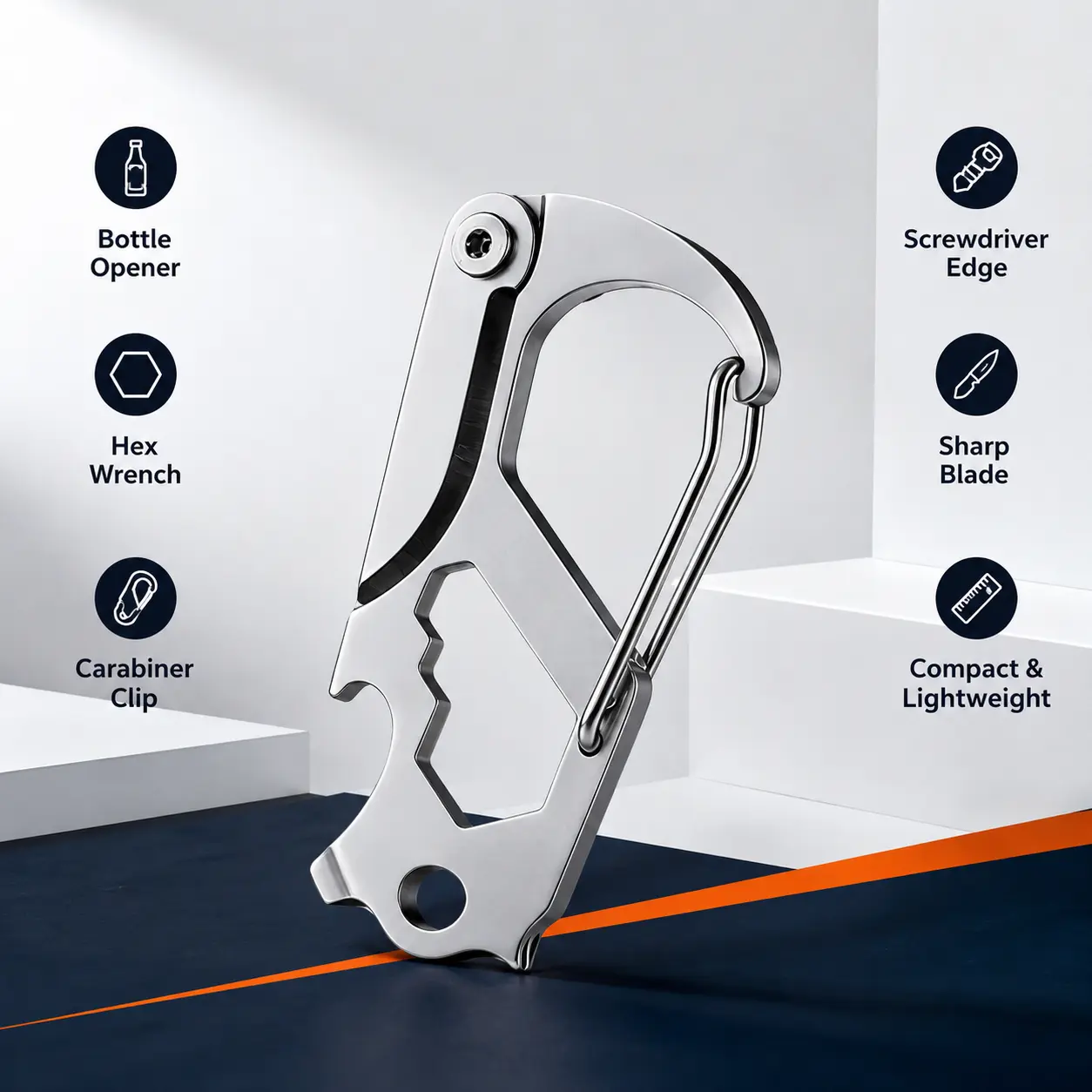 1 Count, Multifunctional Alloy Steel Carabiner Keychain with Screwdriver, Bottle Opener, Mini Knife, Wrench and Ruler for Daily Outdoor EDC Use