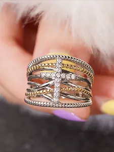 1 PC Fashionable Cross Connection Multilayer Zircon Golden Rings for Women Exquisite Trendy Engagement Wedding Promise Ring Glamorous Ladies Fashion Jewelry for Party Daily Clothing Decor Accessories as Anniversary Birthday Festival Gift for Her