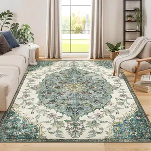 GARVEE Vintage Bohemian Area Rug 5x7 Machine Washable Rug, Non-Slip Non-Shedding Vintage Neutral Carpet Soft Floral Rug, Low Pile Printed Carpet for Bedroom Living Room Farmhouse, Green