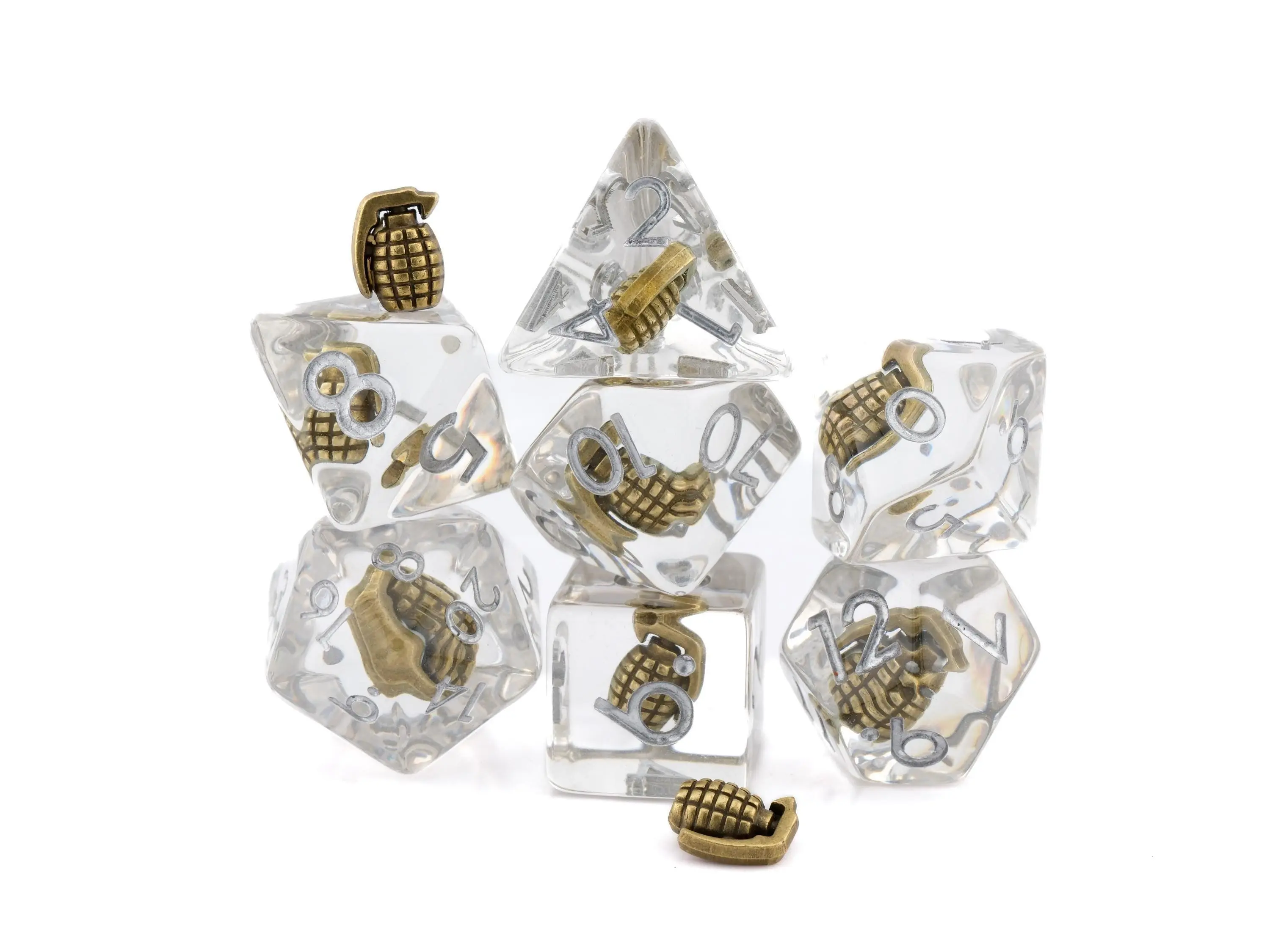 Grenade Themed Resin Polyhedral DnD Dice Set - 7-Piece Thrown Explosive Themed Dice for Dungeons & Dragons, Tabletop RPG, Nerdy Gift, Polyhedral Dice Set