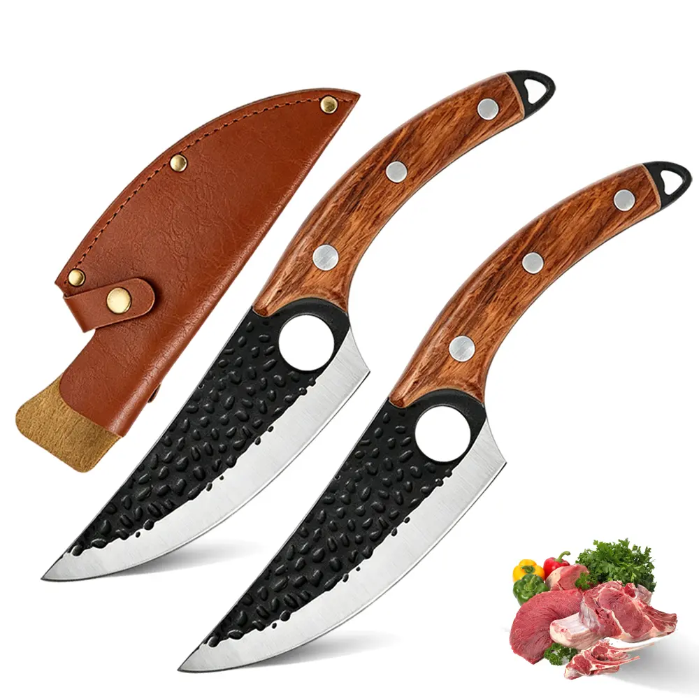 2-Piece Set 11.8" Meat Cleaver Sharp Boning Knife with Sheath, Laser-Etched Stainless Steel Vegetable Slicing Knife, Ergonomic Finger Hole Rosewood Handle for Outdoor BBQ Grilling and Kitchen,Damascus,Spring,holiday,foldingknife,japanese,mult,professional