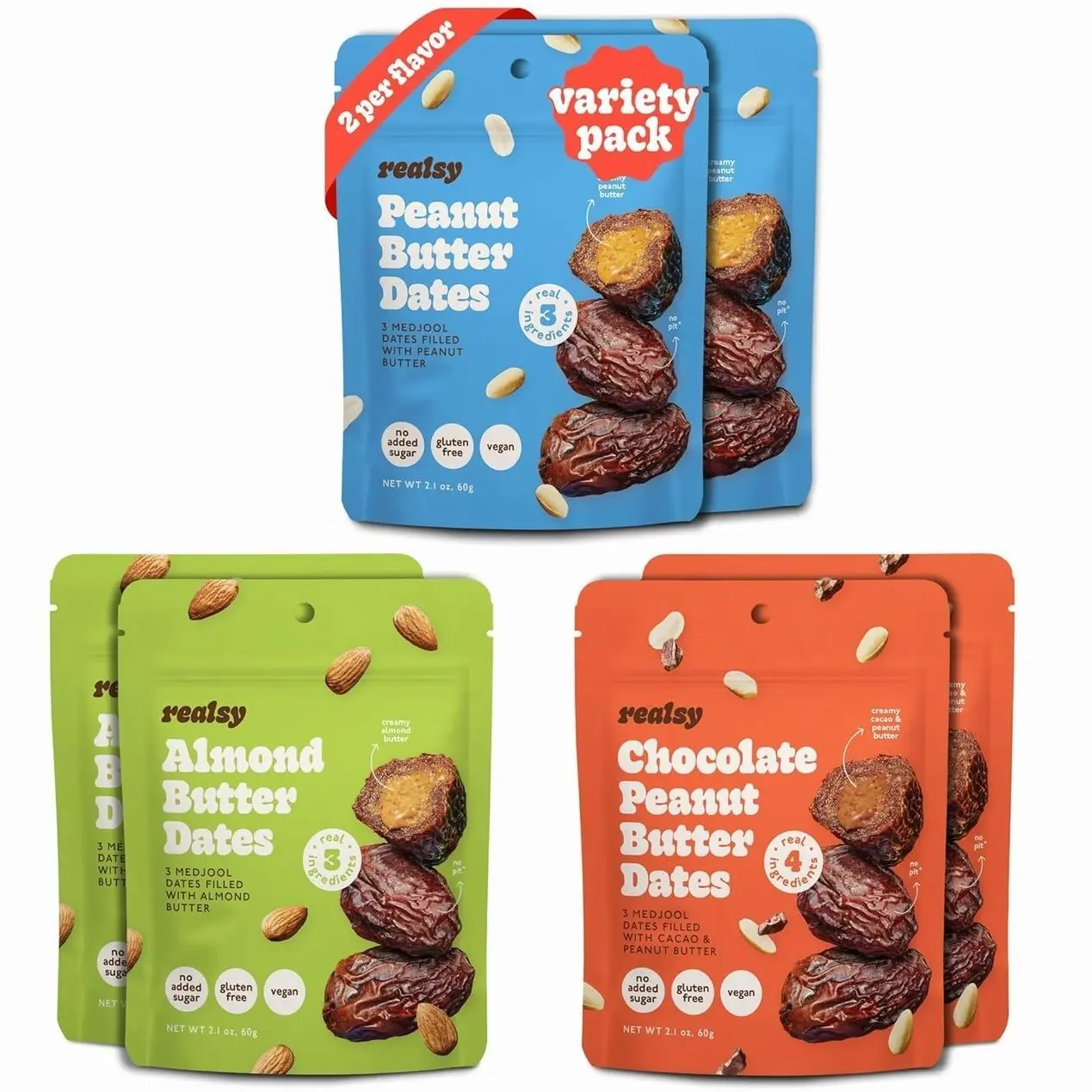 Realsy Pitted & Stuffed Medjool Dates, Organic Dates with No Sugar Added, Gluten-Free, Vegan, Good Source of Fiber, Low Glycemic Index, All Natural Healthy Snack (Variety 6 Pack)