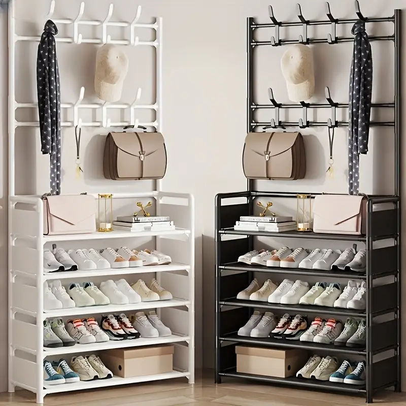5-Tier Multi-Purpose Metal Shoe Rack with 8 Double Hooks - shoe cabinet storage shoe rack organizer Space-Saving Storage Solution household items ward
