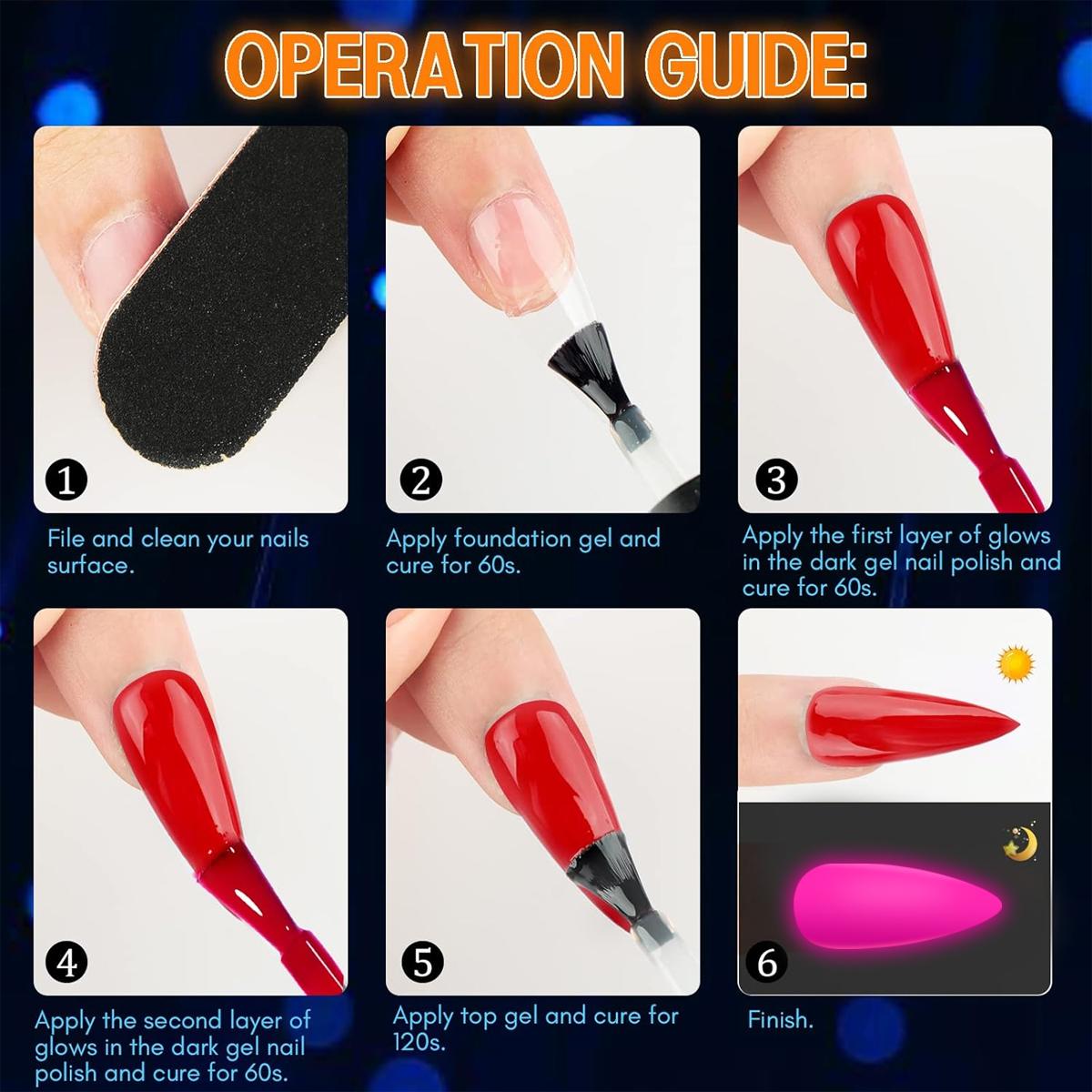 GAVY 6 Pack Glow in the Dark Gel Nail Polish Set - Neon Photoluminescent Collection, Orange Red Purple Blue Green, UV LED Soak Off Rave Festival Halloween Nail Art manicure Kit, 5-Free Long Lasting