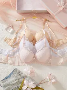 Sweet Embroidered Lace Patchwork Everyday Bralette Set, Thin Adjustable Straps, Three-Piece Lingerie Collection, Comfortable & Stylish Underwear