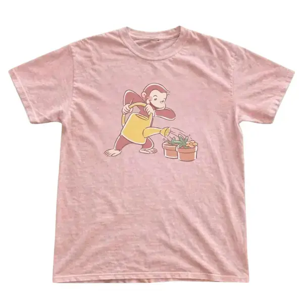 Curious George Watering Plants Y2K Graphic T-Shirt – Cute Vintage Cartoon Aesthetic Gardening Tee