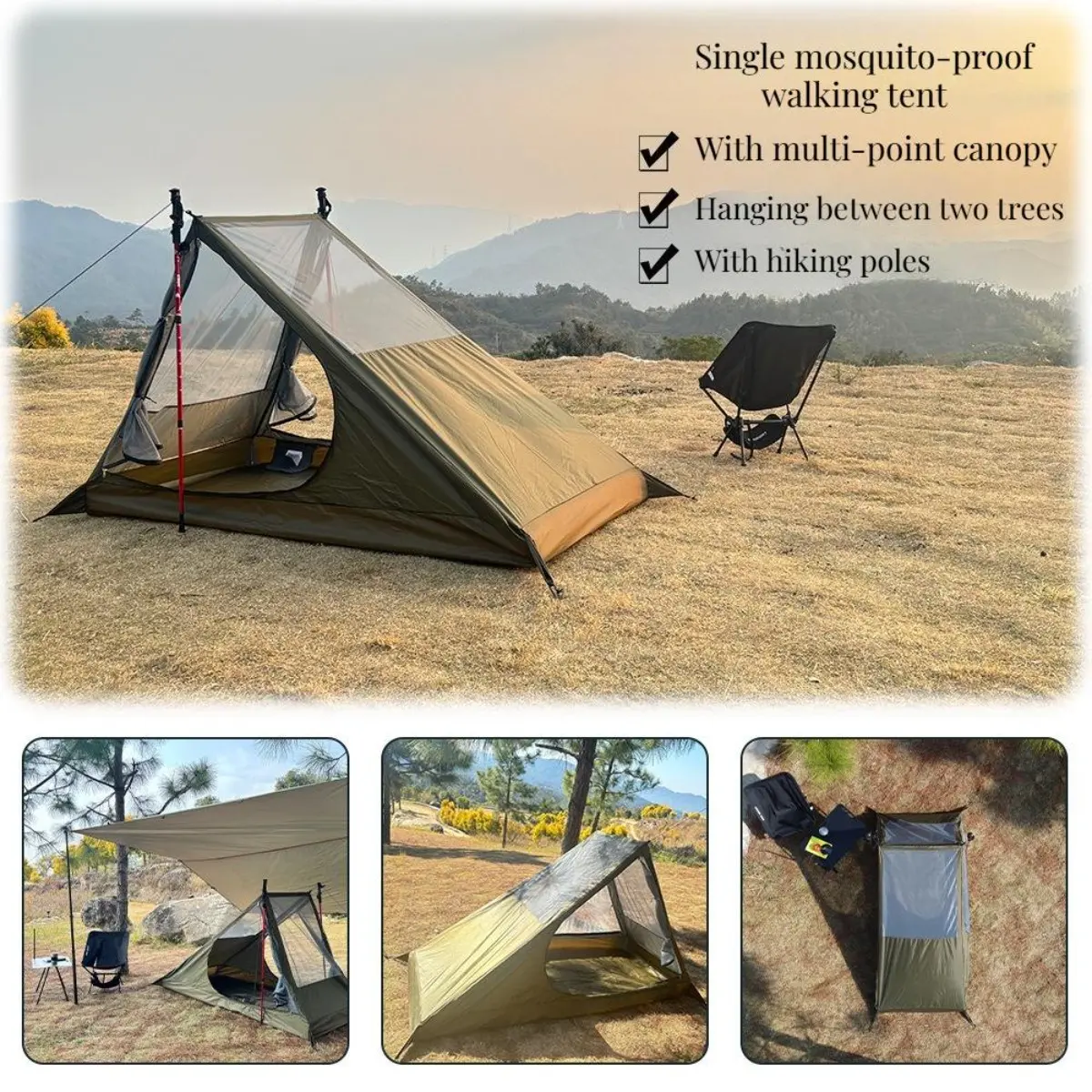 Ultralight Single Person Backpacking Tent, Lightweight Portable Tent, Trekking Pole Supported No-Pole Design, Double Door Breathable Mosquito Proof Insect Resistant Mesh, Lightweight Compact Shelter for Camping, Hiking & Outdoor Adventures
