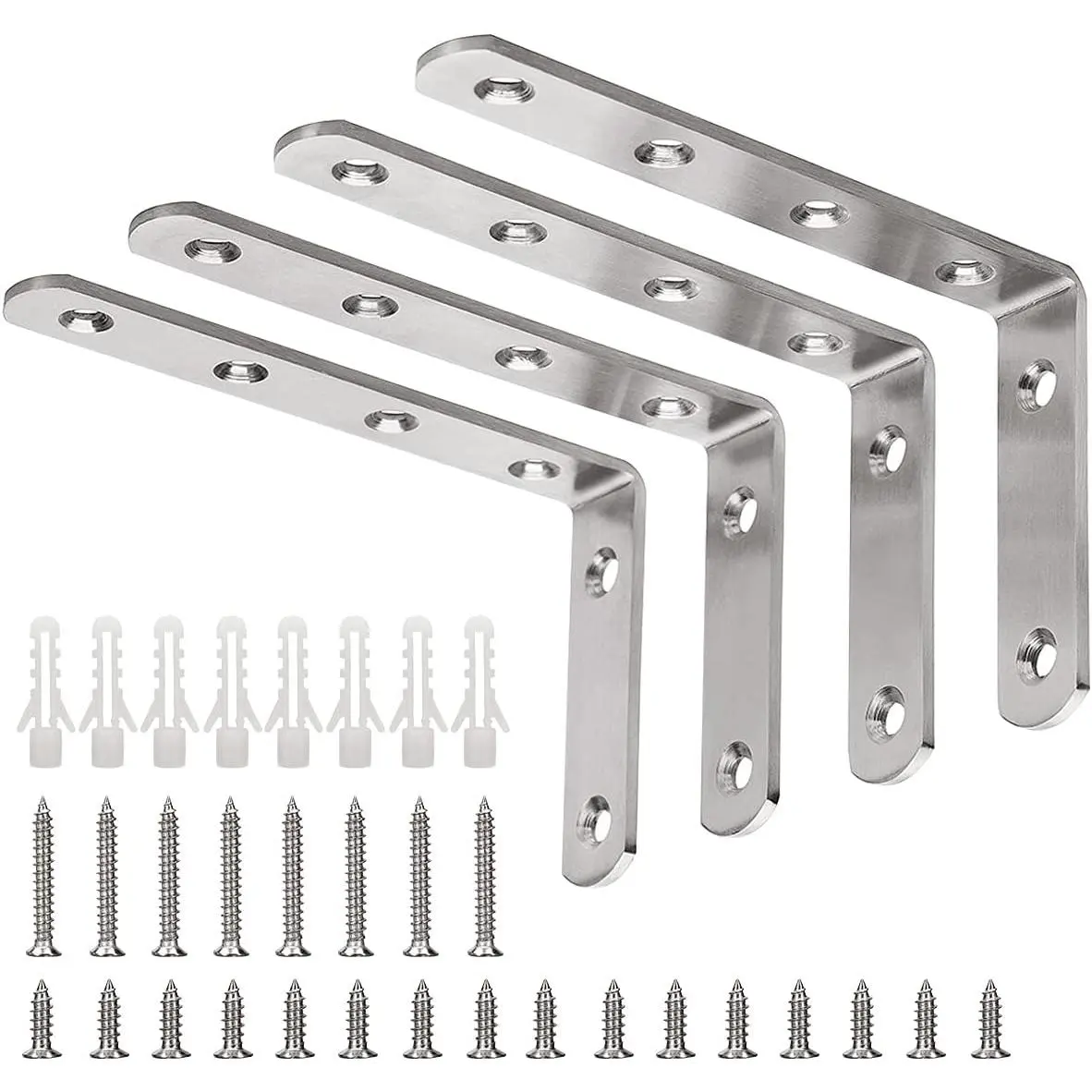 4pcs Heavy-Duty Right Angle Stainless Steel Rectangular L-Brackets, 5x3 in Brushed Finish, 35lb/15kg Max Load, M5 Screws, Anti-Corrosion Shelf Support Corner Braces with 8pcs Plastic Expansion Anchors for Business Use