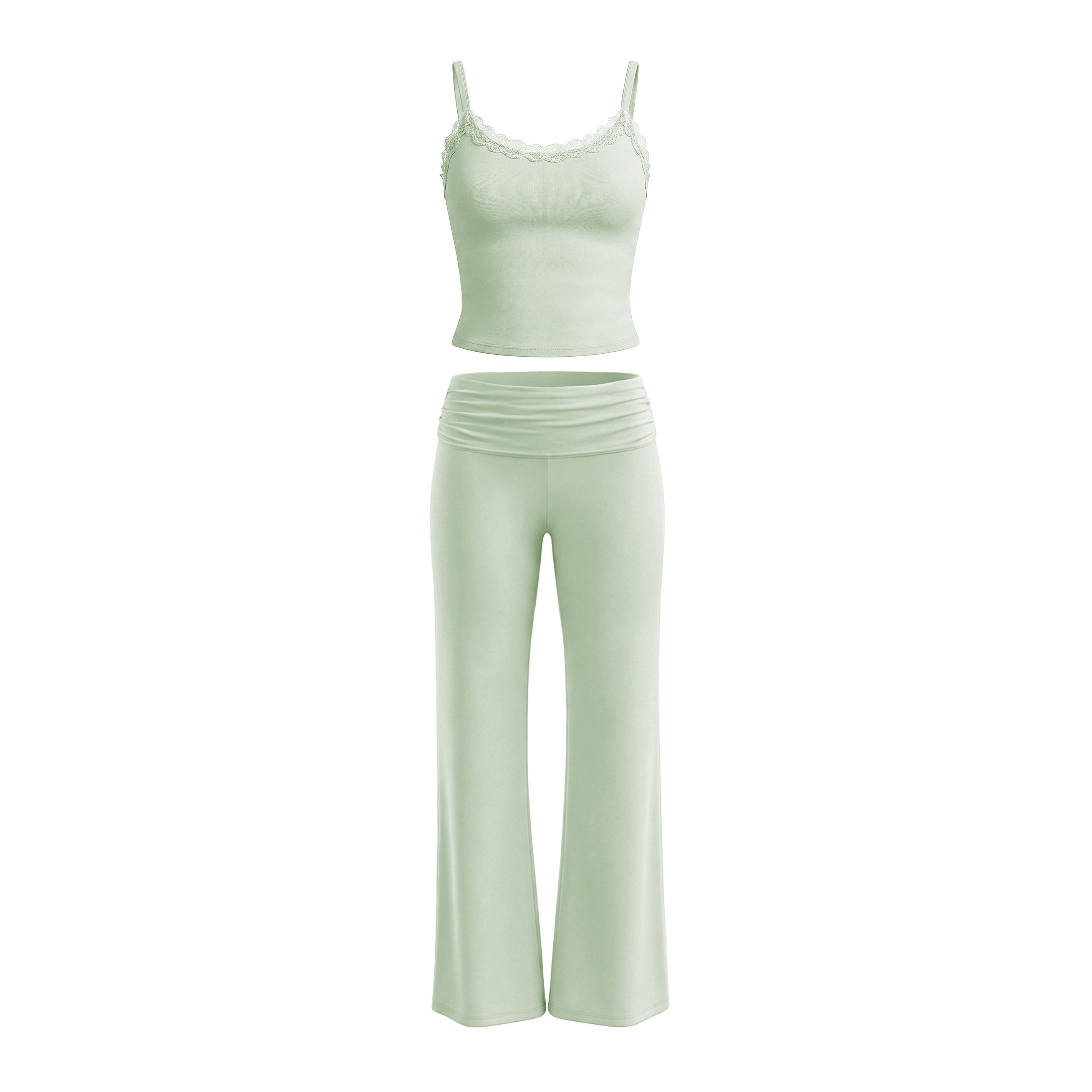 KatchMe Women's Casual Solid Color Lace Trim Ribbed Camisole & Folded Waist Slightly Flared Trousers Co-ord, Basic Thin Strap Top & Trousers Two Piece Sets
